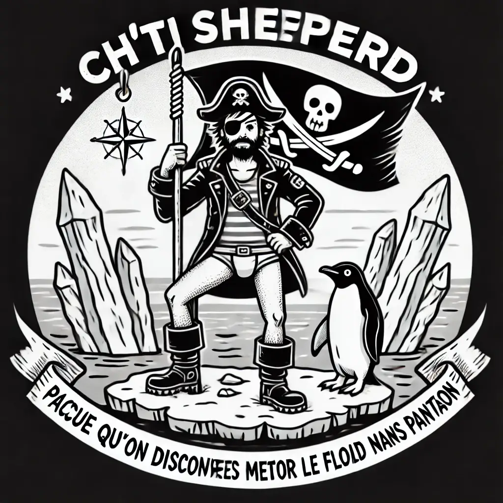 DALL·E 2025-03-22 01.05.34 - A humorous black and white logo inspired by Sea Shepherd, designed for an Antarctic mission. Central figure_ an explorer in boots, t-shirt, and underw